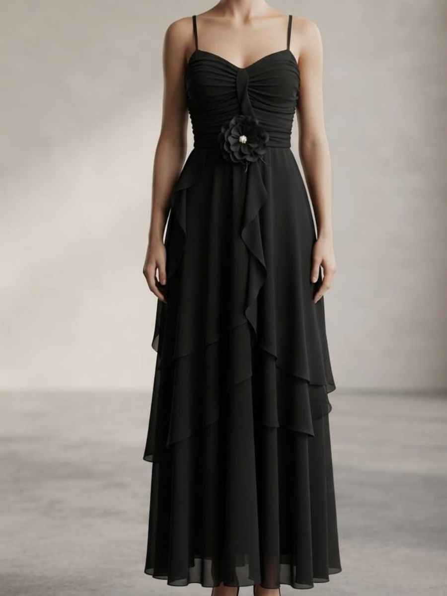 casual-a-line-power-net-spaghetti-flairy-dress-black